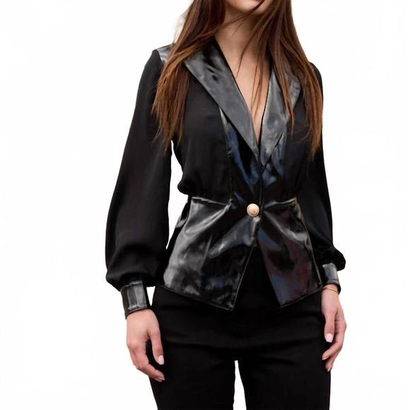 NEW OOLALA patent chifton combo jacket in black
